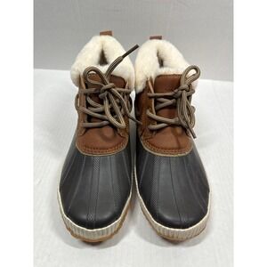 NEW JSport Womens Mary Faux Fur Trimmed Slip On Duck Boots Brown Leather Sz 8M‎